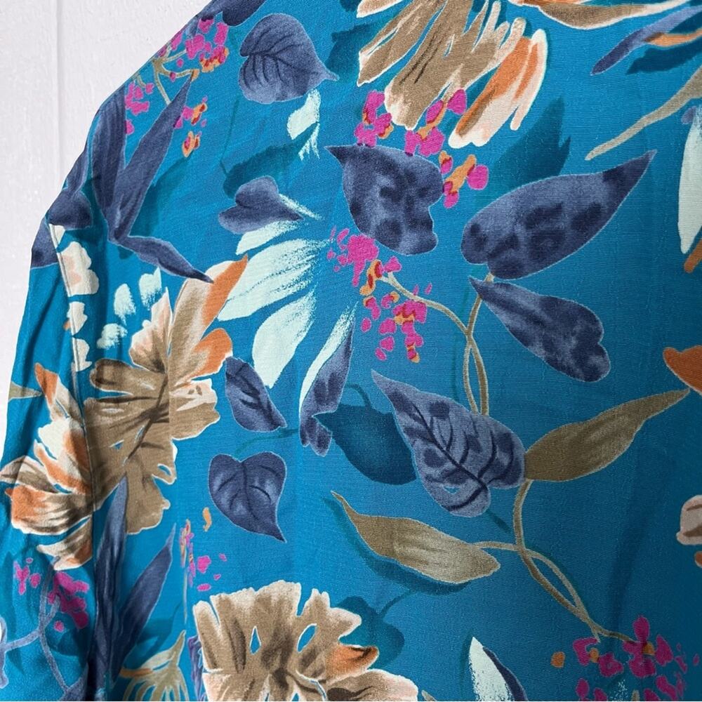 Vintage Colorful Women's Hawaiian Shirt Short Sleeve Teal Blue Aqua Floral XL - Picture 6 of 9